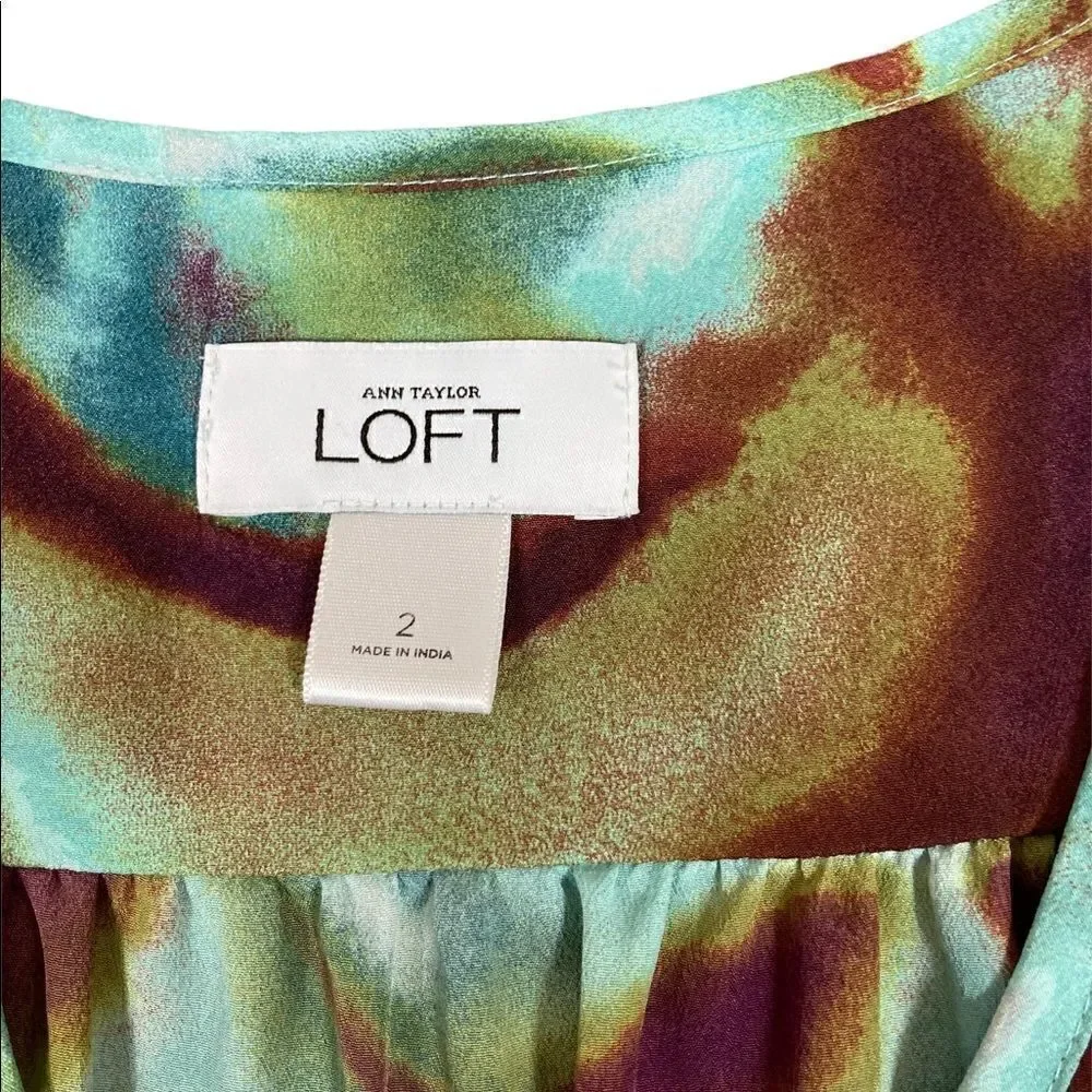 LOFT Green, Brown, & Deep Purple V-Neck Dress, Size 2‎